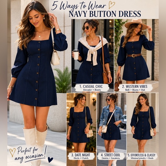 Dresses & Skirts - Women’s Navy Button Front Square Neck Dress